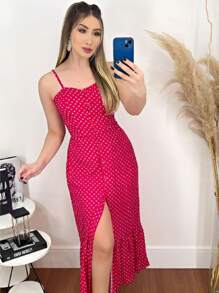 WOMEN'S POLKA DOT MIDI DRESS, WITH BUTTONS AND THIN STRAPS. - 玫紅色 - 查看 1