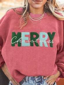 草莓粉色圣诞快乐雪尼尔刺绣绳褶落肩运动衫，长袖上衣