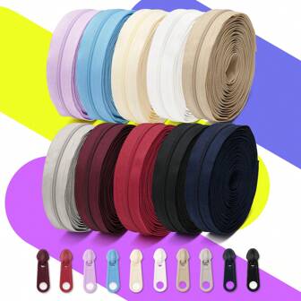 1 Set = 4.5m Zipper + 10pcs Plastic Zipper Pulls, Colorful Nylon #3 Zipper With 10pcs Matching Plastic Zipper Pulls, 1set/5sets, For Apparel, Textile, Luggage