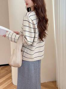 Alicedudu 韩版休闲拼色条纹圆领开衫，春秋季，长袖上衣 - 米色 - 查看 2