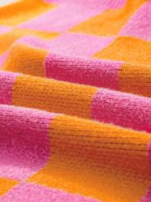CILKOO Rompi Sweater Wol Lengan Pendek Motif Kotak-kotak Kontras Leher Bulat Kasual - Jeruk - View 11