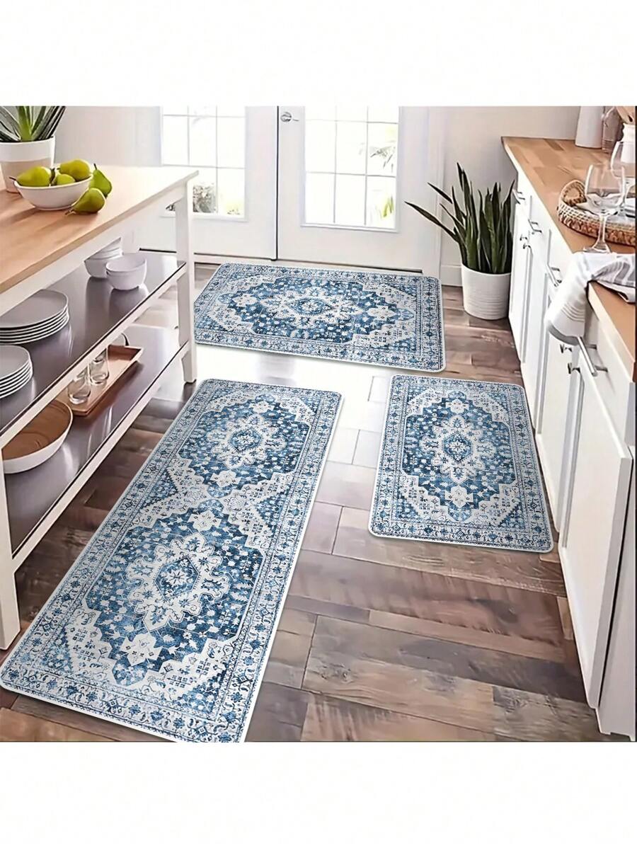 1 pièce Tapis de style méditerranéen bleu, tapis rayé géométrique symétrique bleu & blanc, tapis à motif classique complexe, tapis, tapis de salon, tapis de chambre, tapis d'entrée, tapis de cuisine, tapis de salle de bain, tapis de salle de jeux, tapis de bureau - Bleu et Blanc - Voir 1
