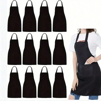 1/3/5/10 piezas, Delantal de poliéster para mujeres, delantal negro de estilo simple con bolsillos, delantal de cintura gruesa, ropa de trabajo doméstica y de cocina de moda, artículos de cocina