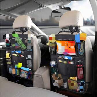 Car Backseat Organizer With 10" Table Holder, 9 Storage Pockets Seat Back Protectors Kick Mats For Kids Toddlers, Travel Accessories,
