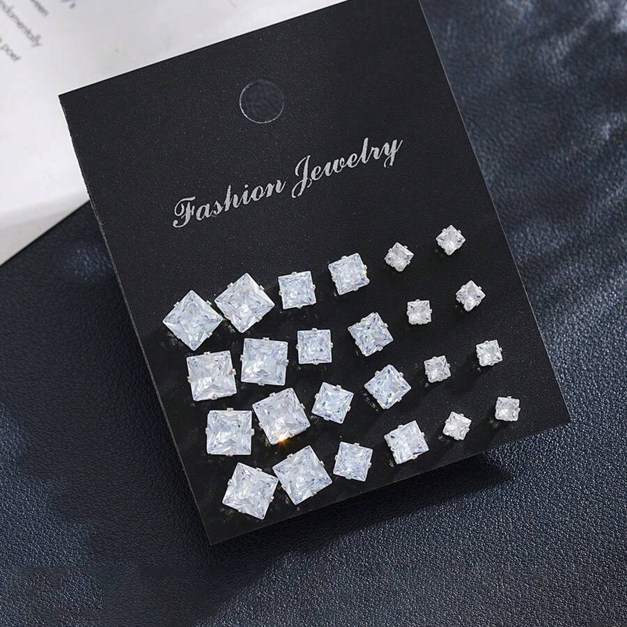 17KM 24pcs Simple Square Shape Cubic Zirconia Stud Earrings Set, Unisex Everyday Wear - Silver - View 1