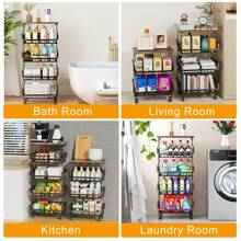 Fruit Basket Kitchen Pantry Organizers And Storage - Wooden Top Table, Stackable Metal Wire Basket Stand Cart For Fruit Vegetable Snacks Jars Bins Containers Organization, Black