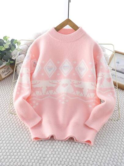 Tween Girl Pink Warm Casual Christmas Deer Geometric Pattern Knit Sweater, Winter