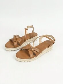 女士夏季新款厚底坡跟厚底休闲增高编织带凉鞋 - 棕色 - 查看 6