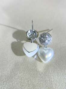 Women's Earrings With Zirconia Ball Pendant And Heart Pearl, 18k Gold Plated And 925 Silver - Bạc - Xem 2