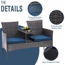 Wicker Outdoor Loveseat Modern Rattan 2-Seat Patio Conversation Set With Cushions & Built-In Coffee Table Porch Furniture - Brown/Blue - View 4