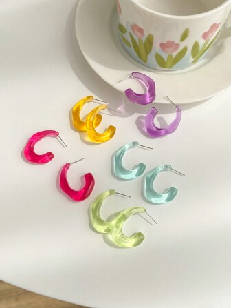 1 套 5 对时尚透明彩色简约 C 形几何耳环