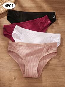 4pcs/Set Women's Comfortable Low Waist Contrast Lace Ribbed Panties - Multicolor - View 1