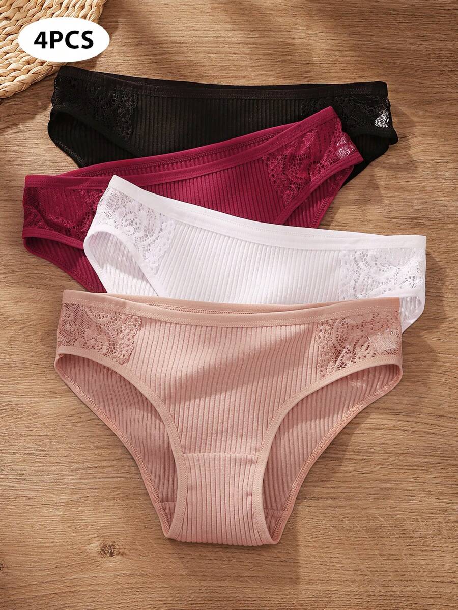 4pcs/Set Women's Comfortable Low Waist Contrast Lace Ribbed Panties - Multicolor - View 1