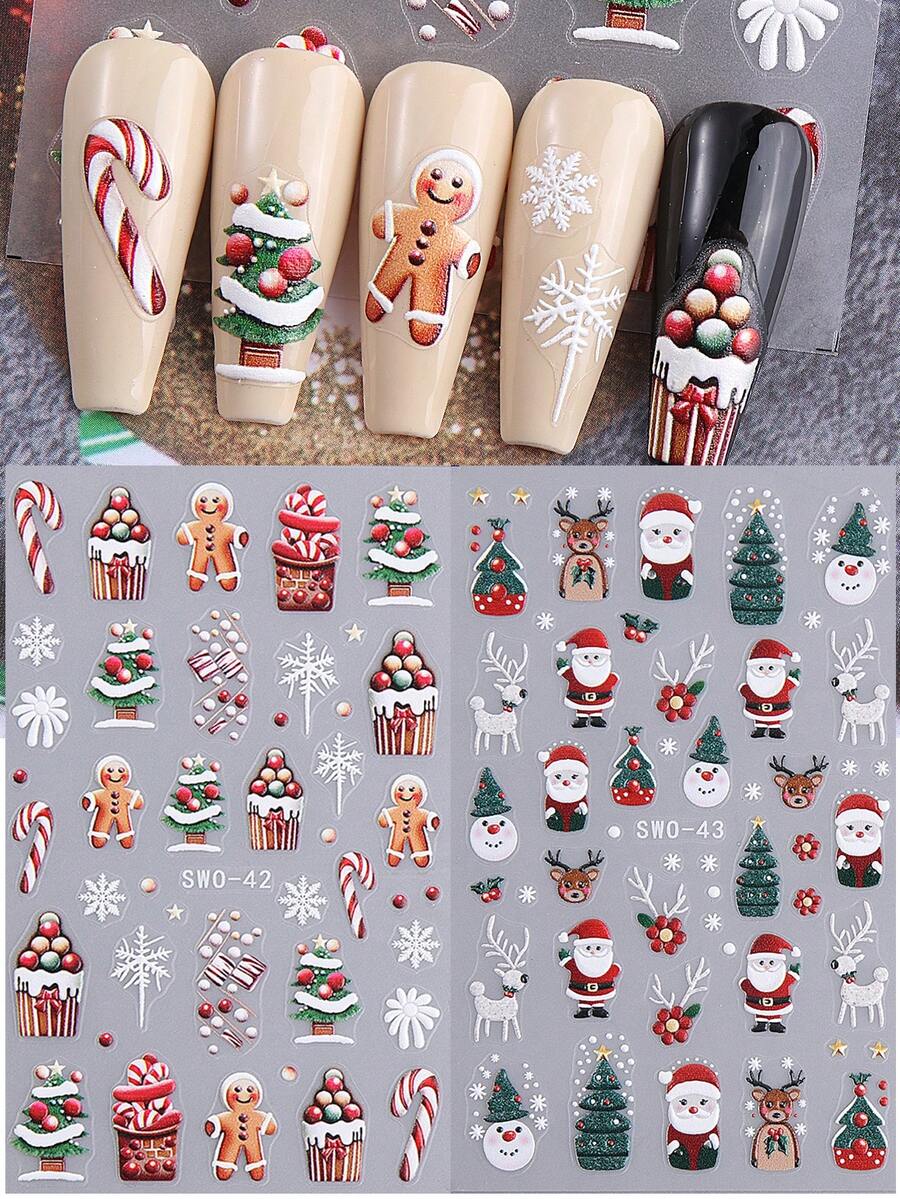2PCS 5D Christmas Holiday Nail Art Stickers Festival Design Gingerbread