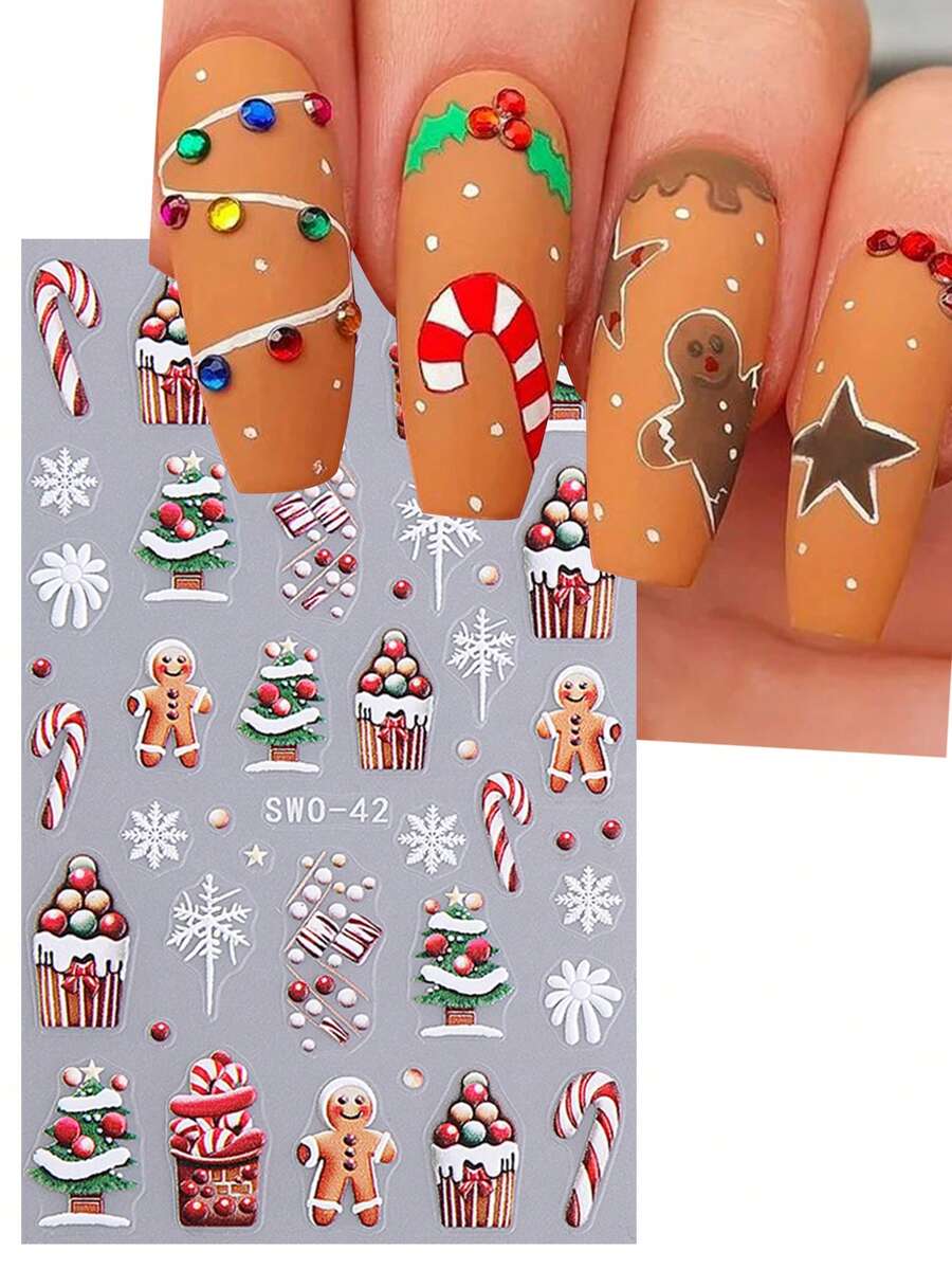 2PCS 5D Christmas Holiday Nail Art Stickers Festival Design Gingerbread