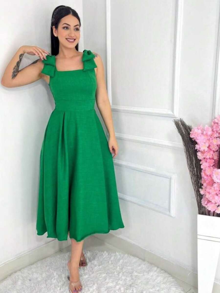 Women's Midi Dress With Bow On The Straps Elegant Look - 綠色 - 查看 1