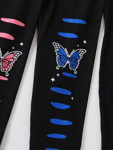 3 peças/Conjunto Leggings Casuais com Estampa Combinável para Meninas Pré-Adolescentes, Calças com Estampa de Borboleta para Meninas Pré-Adolescentes - Preto - Visão 6
