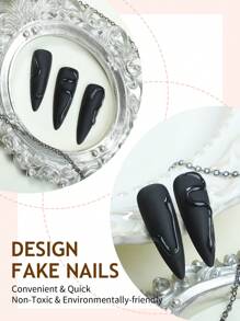 24片装奢华黑色长尖头按压式假指甲，3D黑色蛇皮哑光全覆盖假指甲套装，适合女性和女孩参加派对和日常佩戴的美甲用品 - 黑色 - 查看 3
