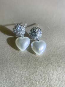 Women's Earrings With Zirconia Ball Pendant And Heart Pearl, 18k Gold Plated And 925 Silver - Bạc - Xem 4