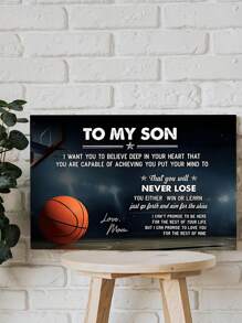 一幅装裱帆布墙画海报，送给儿子，画中描绘了一个篮球和母亲的鼓励寄语，非常适合激励年轻运动员，并歌颂母子之间的深厚情谊，可直接悬挂。 - 彩色 - 查看 2