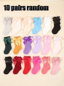 10 Pairs Baby Solid Color Bow Decor Mid-Calf Socks, Autumn/Winter