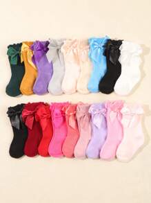 10 Pairs Baby Solid Color Bow Decor Mid-Calf Socks, Autumn/Winter