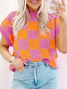 CILKOO Rompi Sweater Wol Lengan Pendek Motif Kotak-kotak Kontras Leher Bulat Kasual - Jeruk - View 3