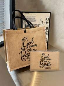 两件套基督教主题手提袋和化妆包，度假风字母设计，适合购物、婚礼、生日、海滩和假期，是送给家人和朋友的最佳礼物。