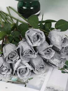 12 piezas de rosas artificiales, flores de rosa doradas, flores de seda con tallo largo, ramos de rosas de seda para decoración de boda, fiesta nupcial, fiesta, decoración del hogar - Plateado - Ver 5