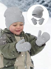 1set Light Grey Baby & Toddler Knitted Beanie Hat + Gloves Combo Set, Autumn/Winter Outdoor Wear