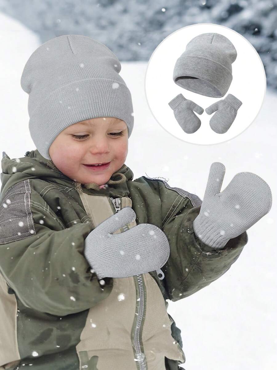 1set Light Grey Baby & Toddler Knitted Beanie Hat + Gloves Combo Set, Autumn/Winter Outdoor Wear