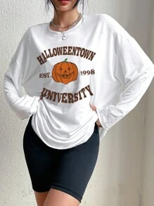 Women's Halloween Round Neck Knitted Simple Fashion T-Shirt, Fall - White - View 4