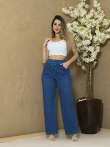 Soft Denim Palazzo Pants C3062 - 藍色 - 查看 5