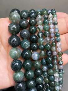 1 串天然石苔藓玛瑙圆形散珠隔珠适用于珠宝制作 DIY 手链配件 15 英寸串 4/6/8/10 毫米 - 墨綠色 - 查看 1
