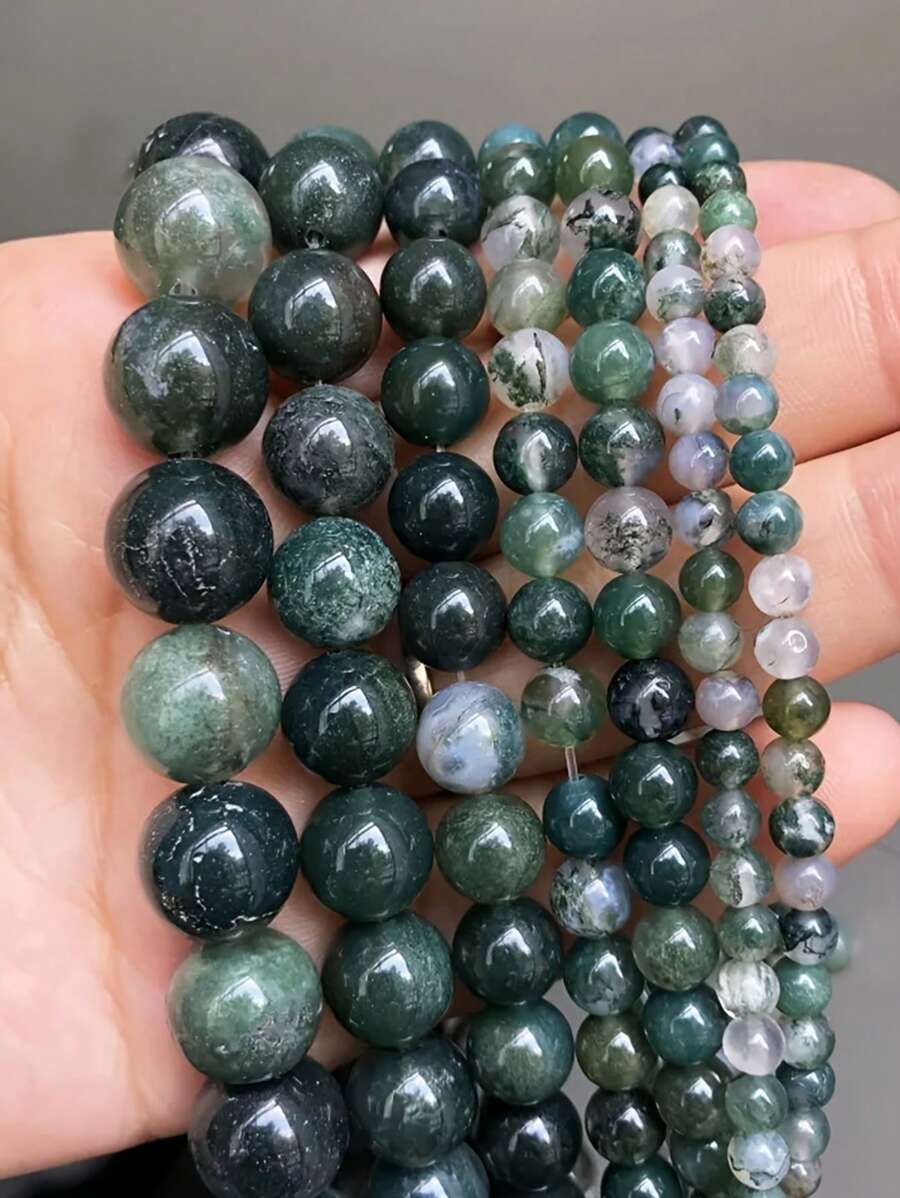 1 串天然石苔藓玛瑙圆形散珠隔珠适用于珠宝制作 DIY 手链配件 15 英寸串 4/6/8/10 毫米 - 墨綠色 - 查看 1