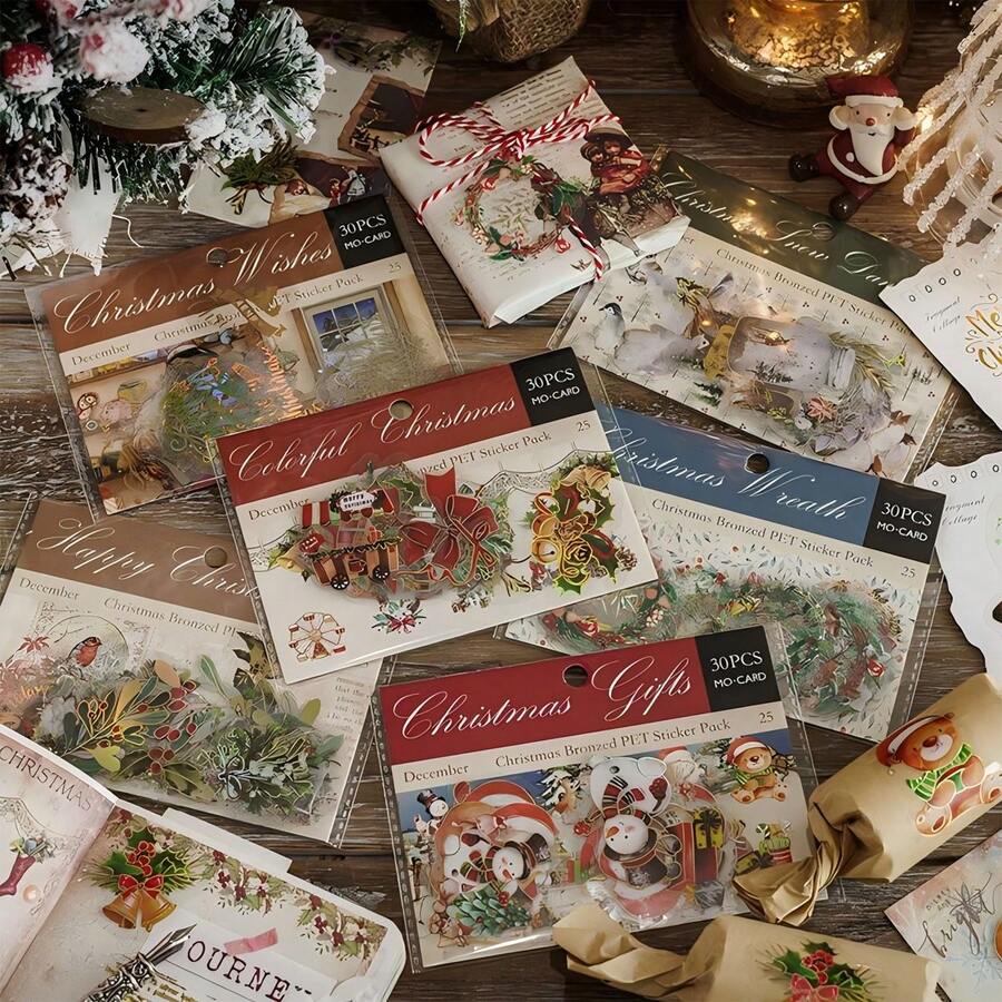30pcs Christmas Carol Series Golden Foil PET Stickers, Festive Decor DIY Materials - Multicolor - View 1