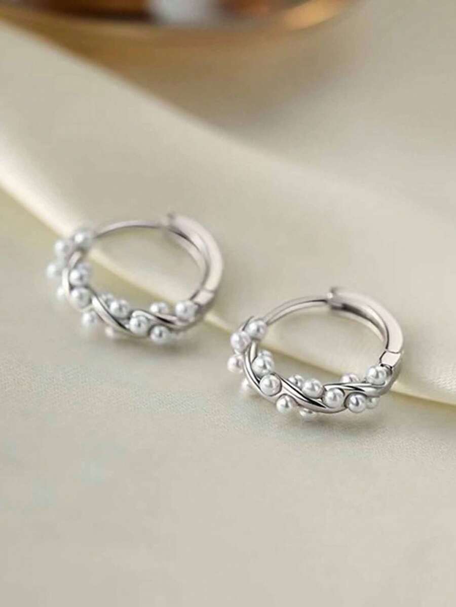 1 Pair Copper Alloy Minimalist Pearl Hoop Earrings For Women
