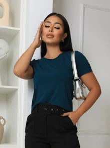 Plain Short Sleeve T-Shirt Basic Women's Blouse O-Neck T-Shirt - Round Second Skin Blouse Viscolycra Mesh