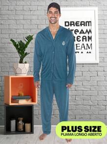 Long Sleeve Plus Size Pajamas For Men Special Long Buttons - 綠色 - 查看 1