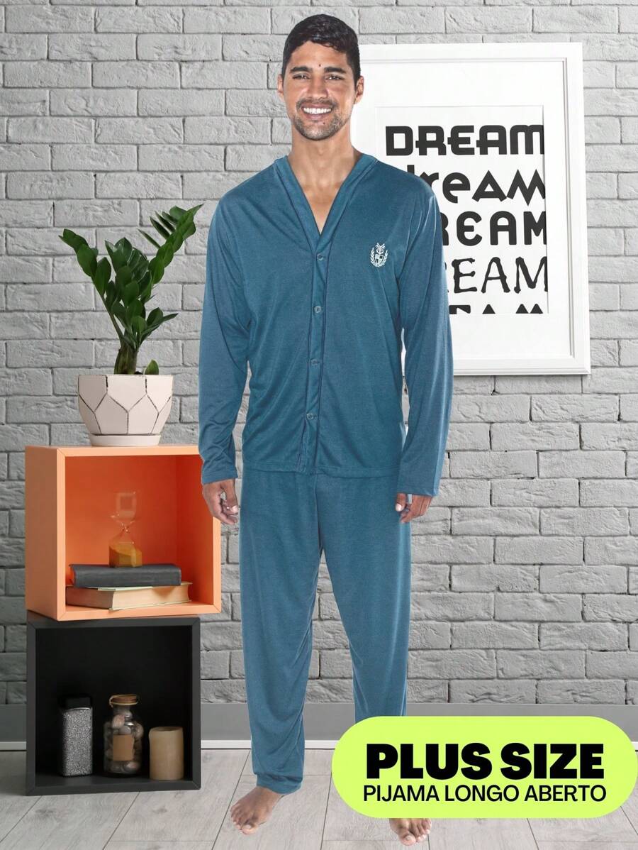 Long Sleeve Plus Size Pajamas For Men Special Long Buttons - 綠色 - 查看 1