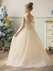 优雅香槟金花童礼服，饰有珍珠蝴蝶结，公主风，适合婚礼、舞会、毕业典礼、生日派对、圣诞节等场合。 - 香檳色 - 查看 3