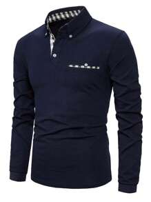 Camisa polo casual masculina com estampa xadrez de retalhos