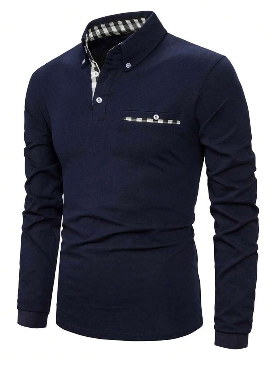 Camisa polo casual masculina com estampa xadrez de retalhos