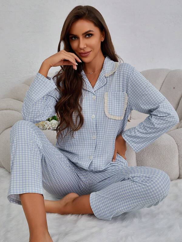2pcs Floral Trim Plaid Lapel Cardigan Loose Fit Women Pajamas & Loungewear, Suitable For Home Use