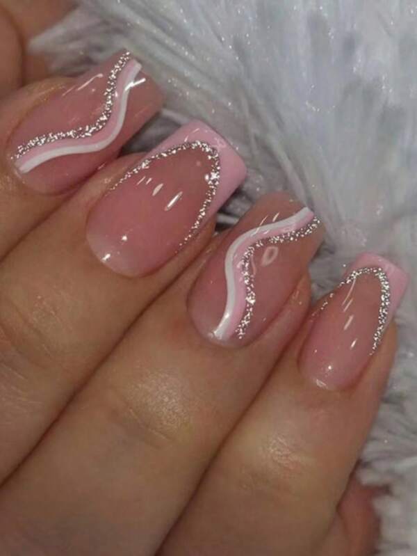 24Pcs Medium-Length European Square Pink And White Stripes Wearable False Nails, Sweet European And American Style Push-On False Nails Suitable For Women'S Daily Wear Press On Nails Nail Supplies Nails