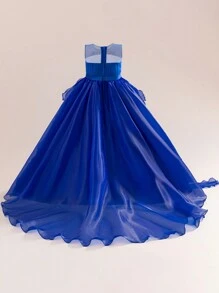 Vestido largo de tul elegante para niñas preadolescentes, adecuado para actuaciones, eventos de anfitrionaje y eventos de noche, sin incluir diadema - azul real - Ver 2