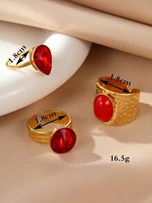 Set de 3 anillos de acero inoxidable con piedras de zirconia roja en forma de lágrima, redonda y óvalo de turquesa, en tono dorado de moda exagerado, adecuado para decoración diaria de mujer o como regalo