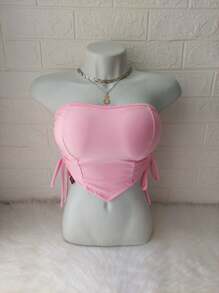 Women's Cropped Top With Band And Tie With Suplex Cup Strapless Blogueirinha One Size - Fits Sizes 36 To 42 - 淺粉色 - 查看 1
