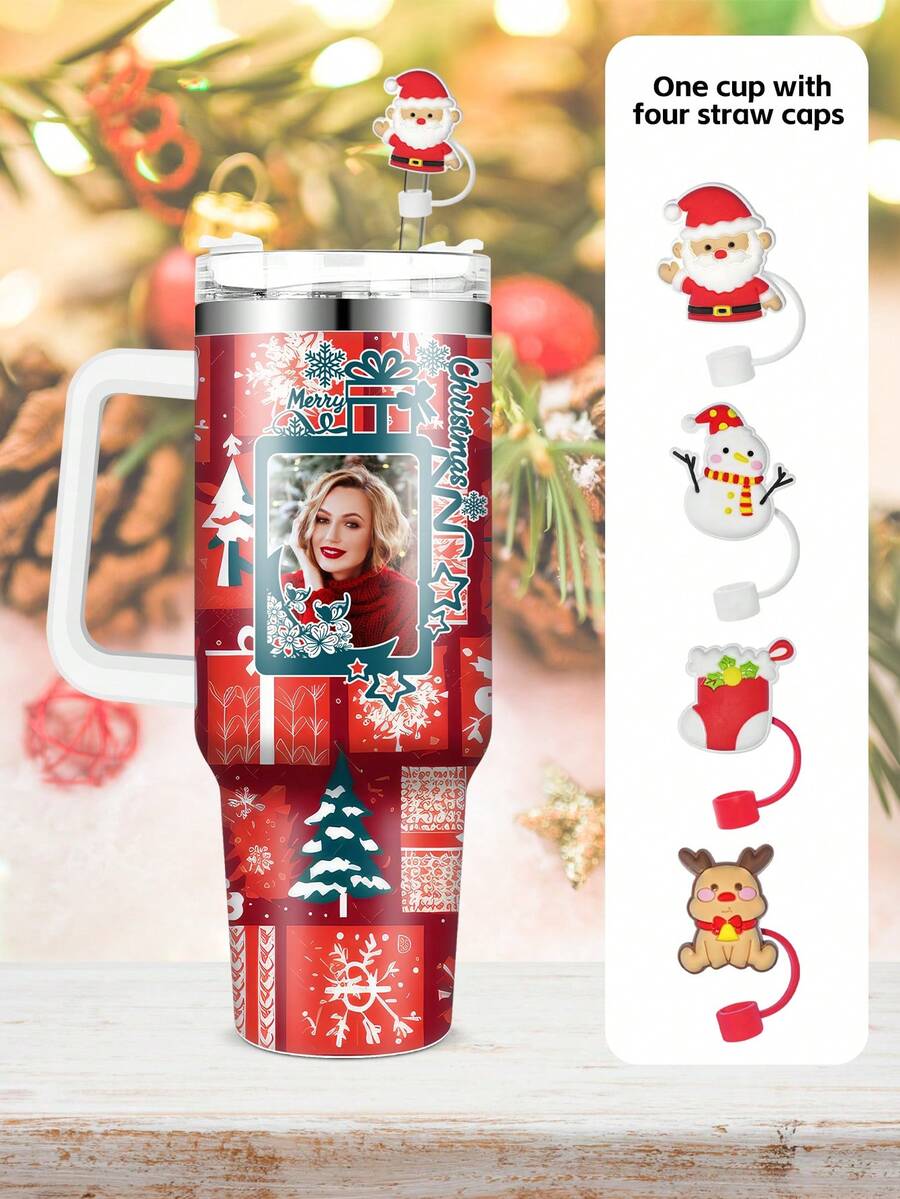 1 chiếc, Ly thủy tinh cá nhân hóa Giáng sinh + 4 nắp ống hút Giáng sinh, 40oz - Cốc cà phê du lịch, Cốc di động cho cắm trại ngoài trời, đi bộ đường dài, lái xe và du lịch bằng ô tô, Đồ trang trí Giáng sinh - nhiều màu - Xem 1