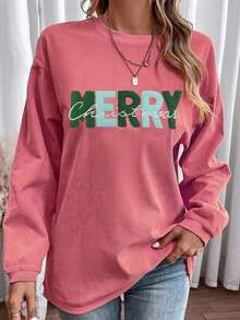 草莓粉色圣诞快乐雪尼尔刺绣绳褶落肩运动衫，长袖上衣